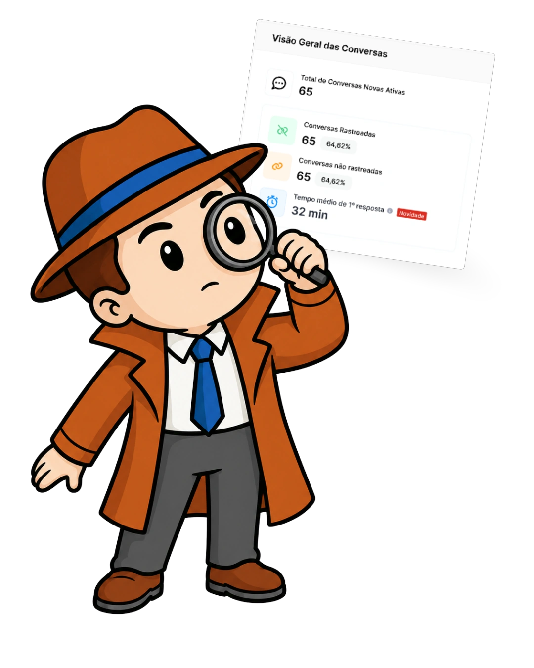Mascote do Tintim com a lupa ao lado do painel Visão Geral das Conversas